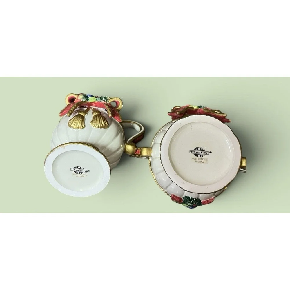 Fitz & Floyd Christmas Deer Creamer Sugar Bowl Spoon Red Bow Ribbon Tassel VTG